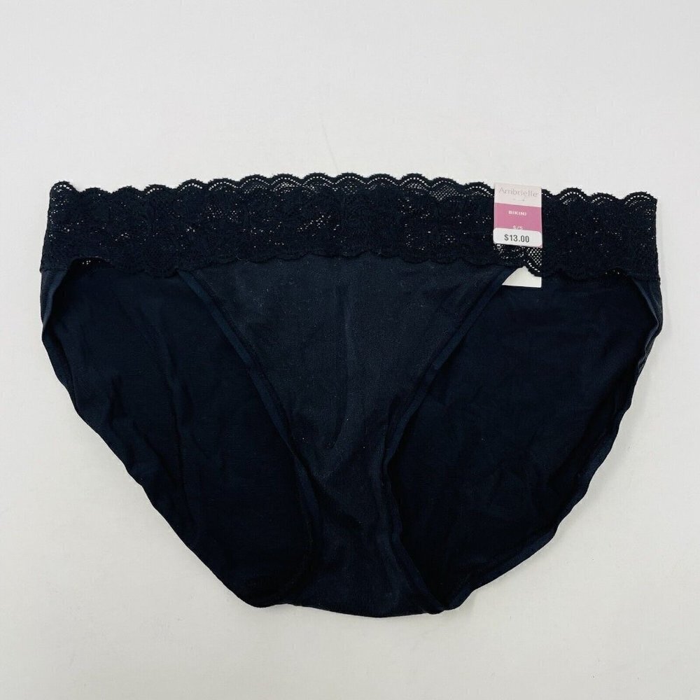 Ambrielle Womens Size Small/5 Lace Trim Super Soft Bikini Panty in Black 1235